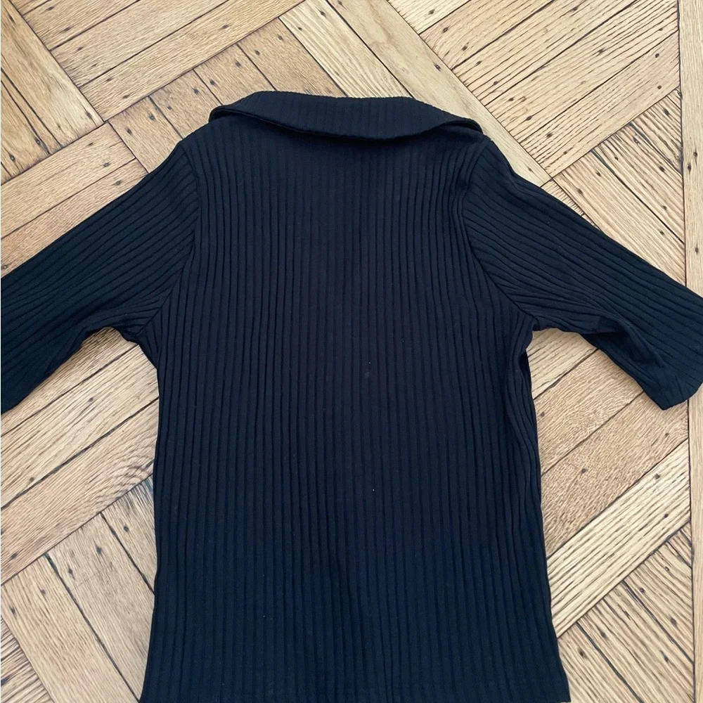 Black Ribbed Button-Front Polo Top - Picture 3 of 7